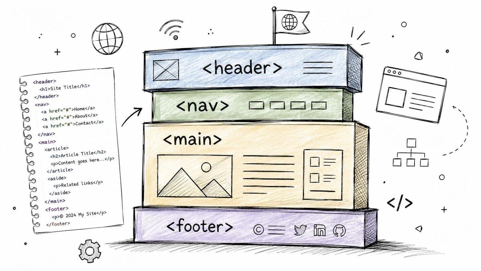 Hand-drawn illustration showing the structural semantic HTML layout of a webpage with corresponding code snippets