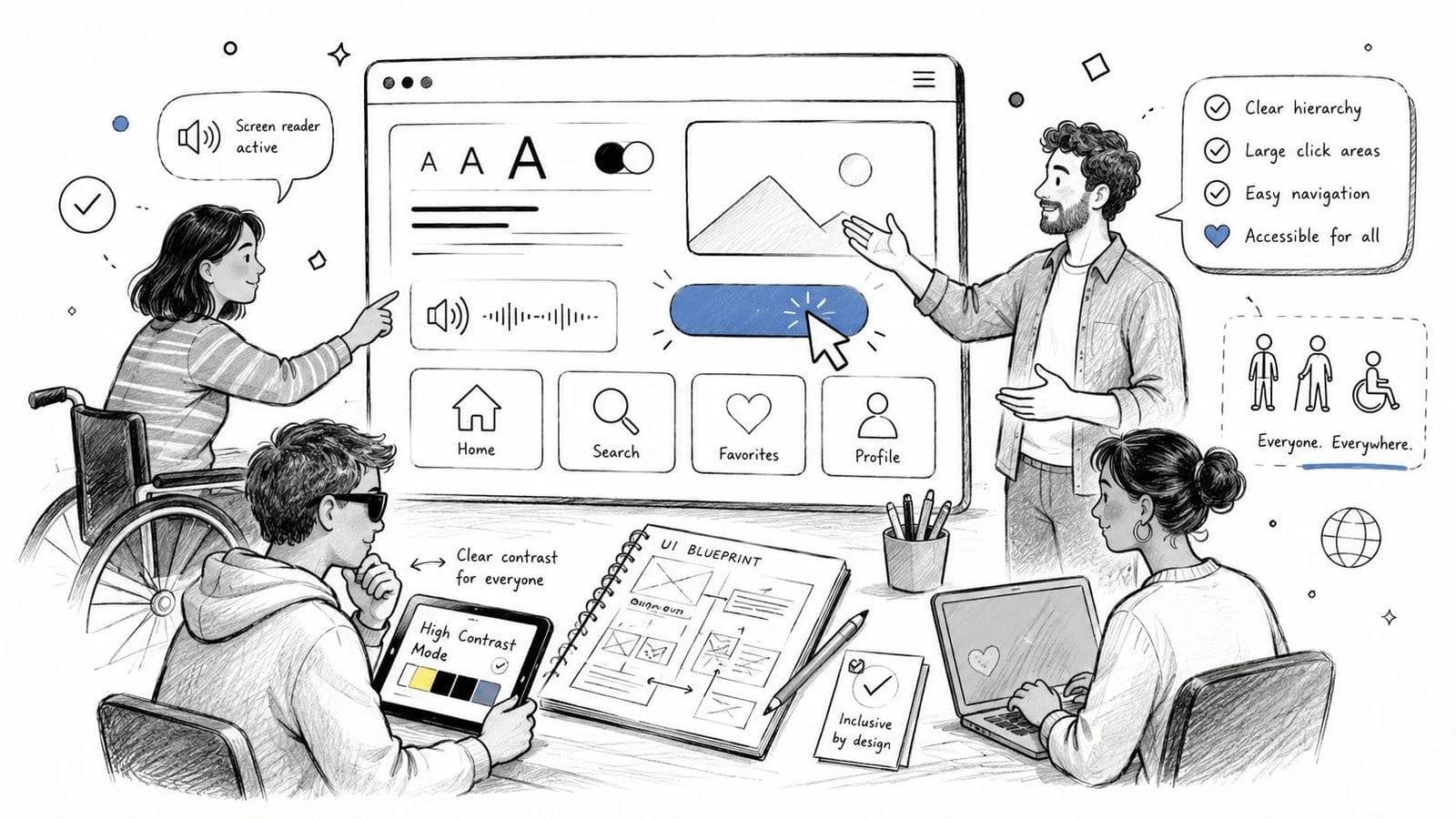 A diverse team collaborating on an inclusive web design project focused on accessibility features for all users