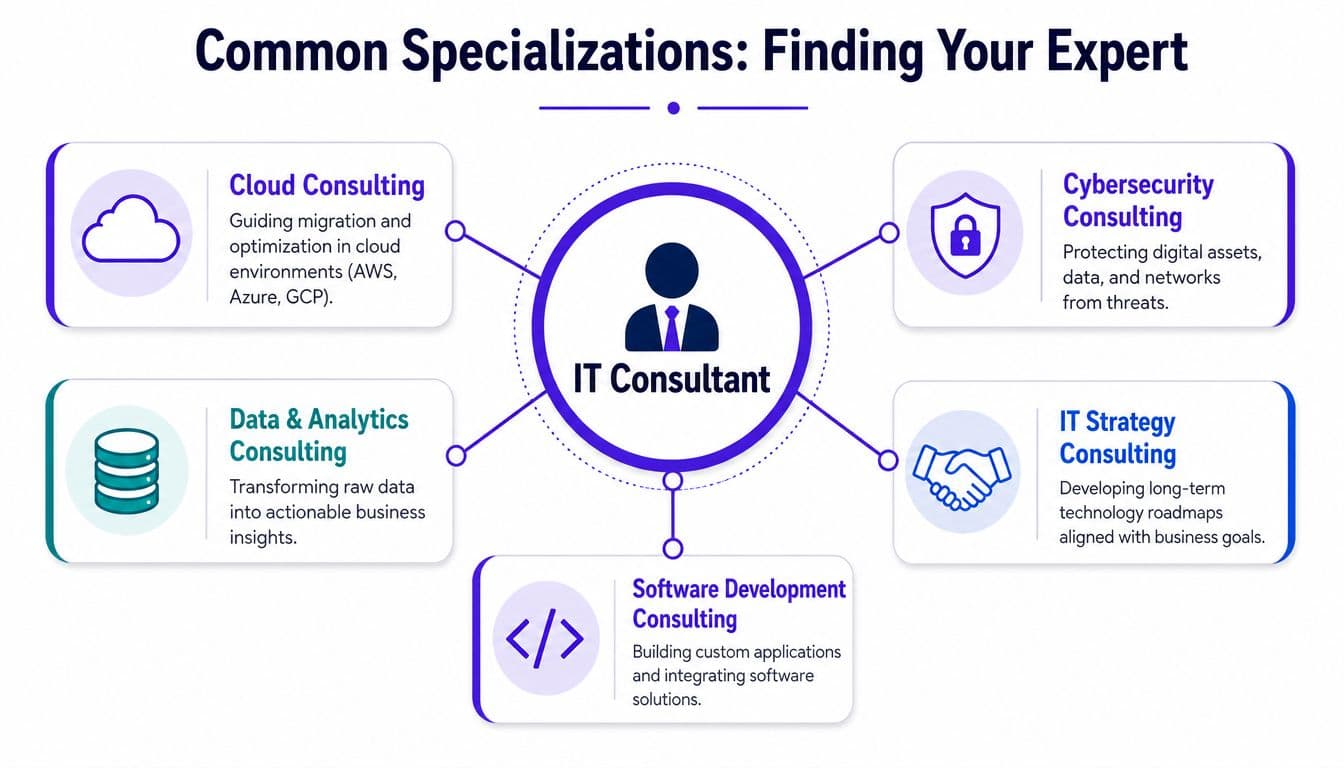 Common Specializations: Finding Your Expert — diagram showing five IT consultant specializations including cloud, cybersecurity, IT strategy, software development, and data and analytics