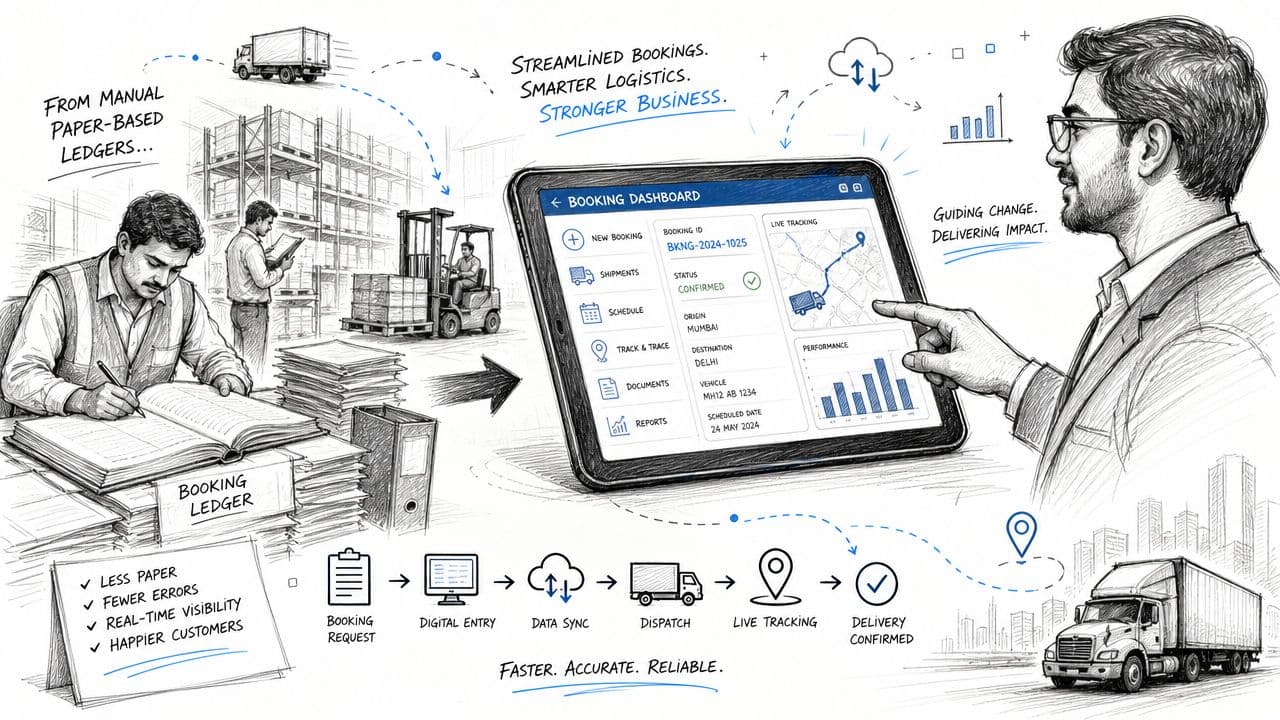 Logistics digital transformation illustration showing manual paper ledgers on the left transitioning to a digital booking dashboard on the right
