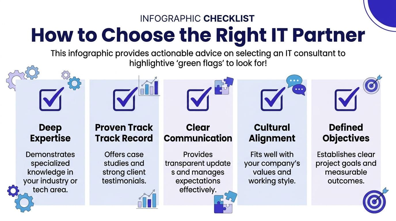 How to Choose the Right IT Partner infographic checklist showing five green flags including deep expertise, proven track record, clear communication, cultural alignment, and defined objectives