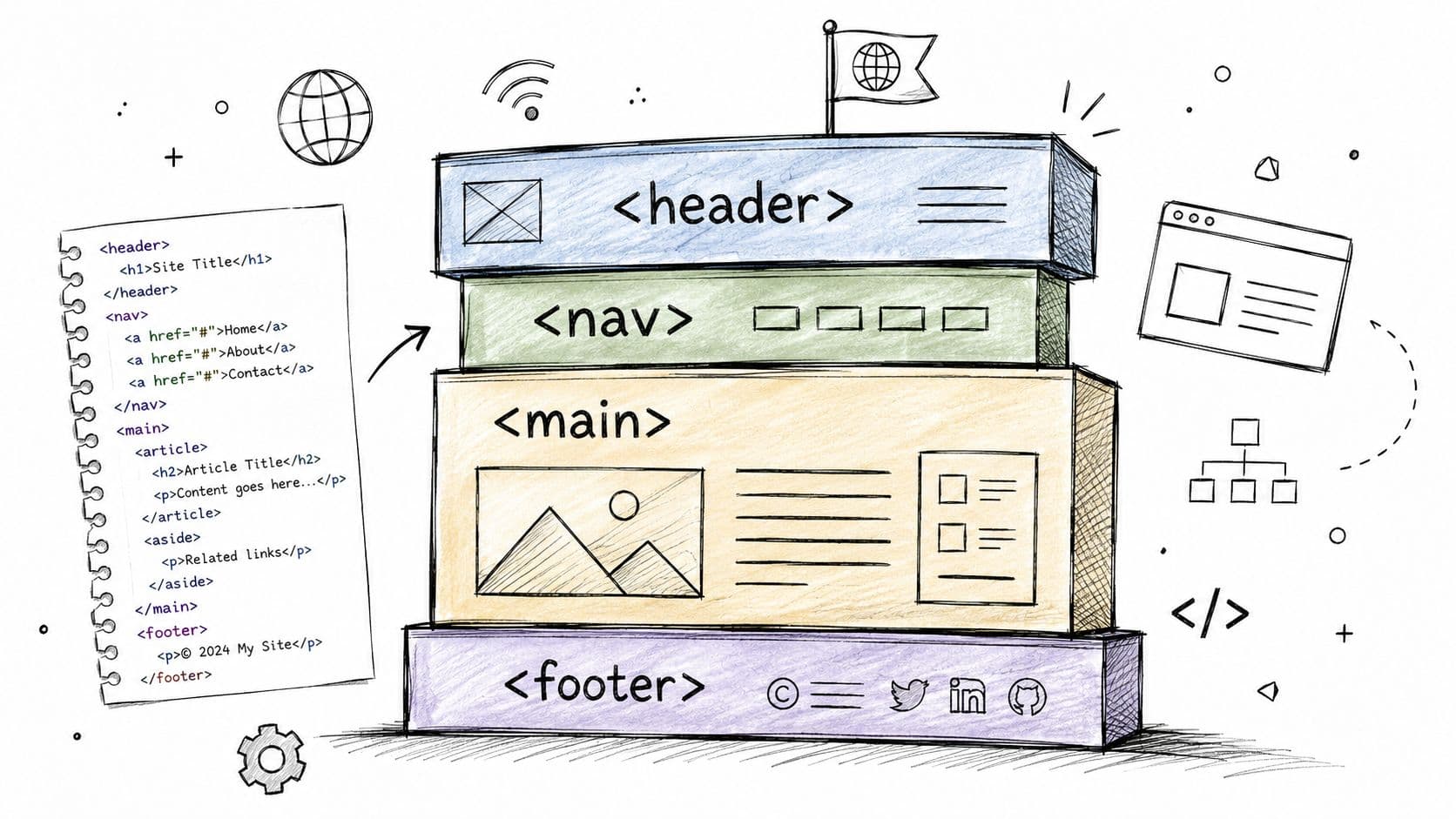 Hand-drawn illustration showing the structural semantic HTML layout of a webpage with corresponding code snippets