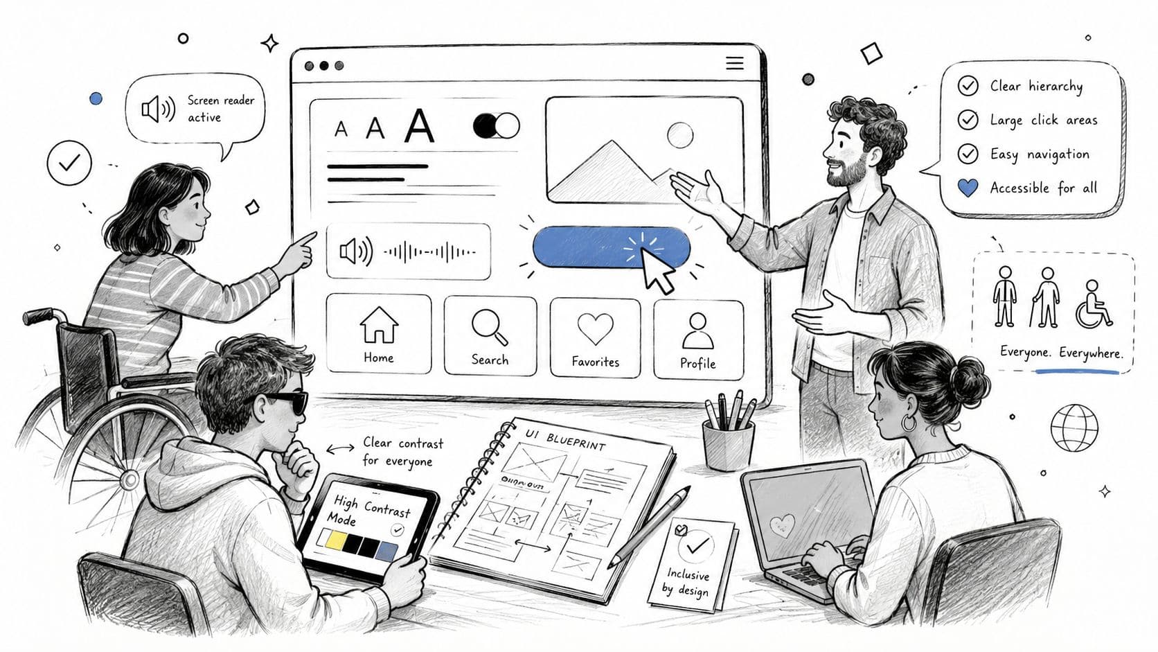 A diverse team collaborating on an inclusive web design project focused on accessibility features for all users