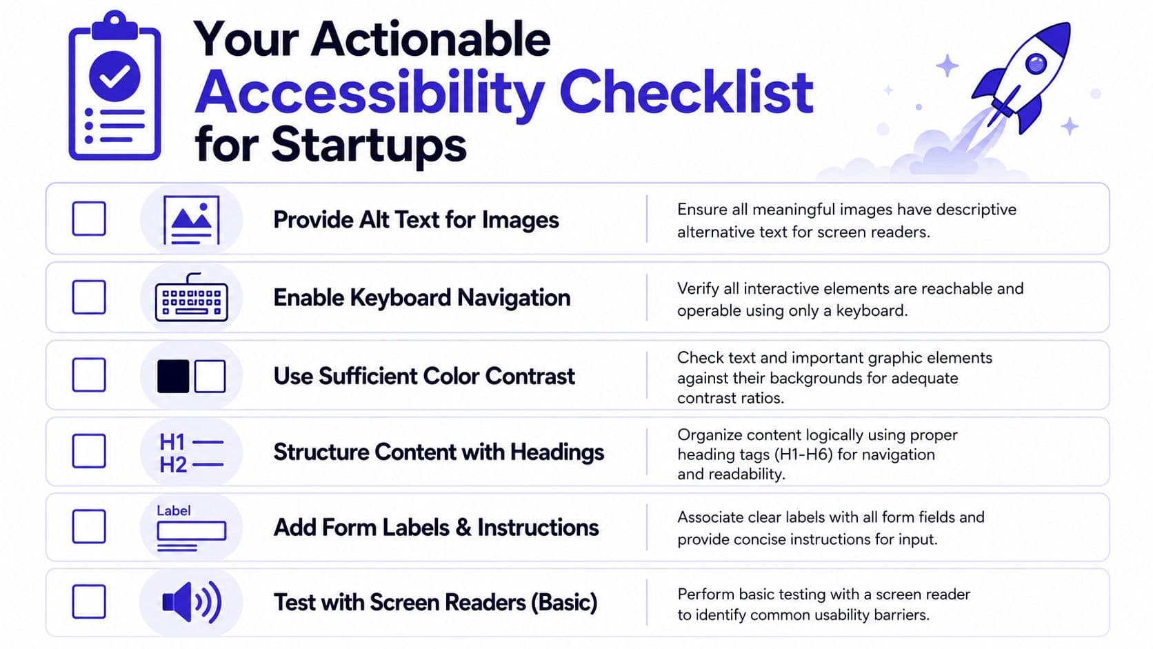 Infographic titled Your Actionable Accessibility Checklist for Startups listing six essential website accessibility practices